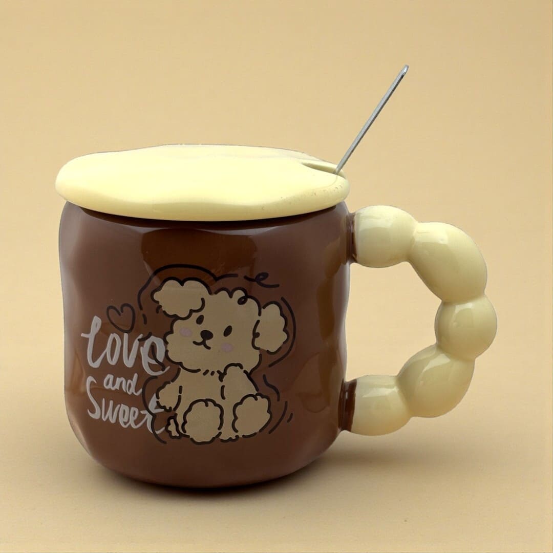 Pastel Pup Ceramic Mug (With Spoon and Lid) - Brown