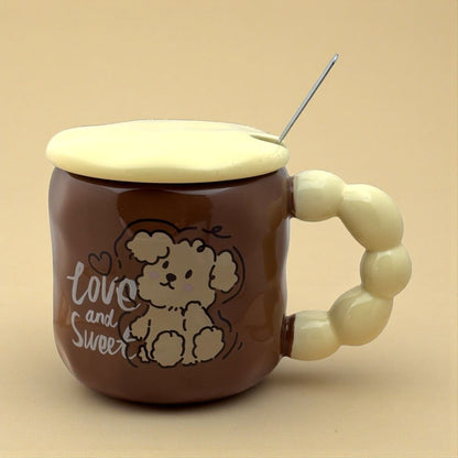 Pastel Pup Ceramic Mug (With Spoon and Lid) - Brown