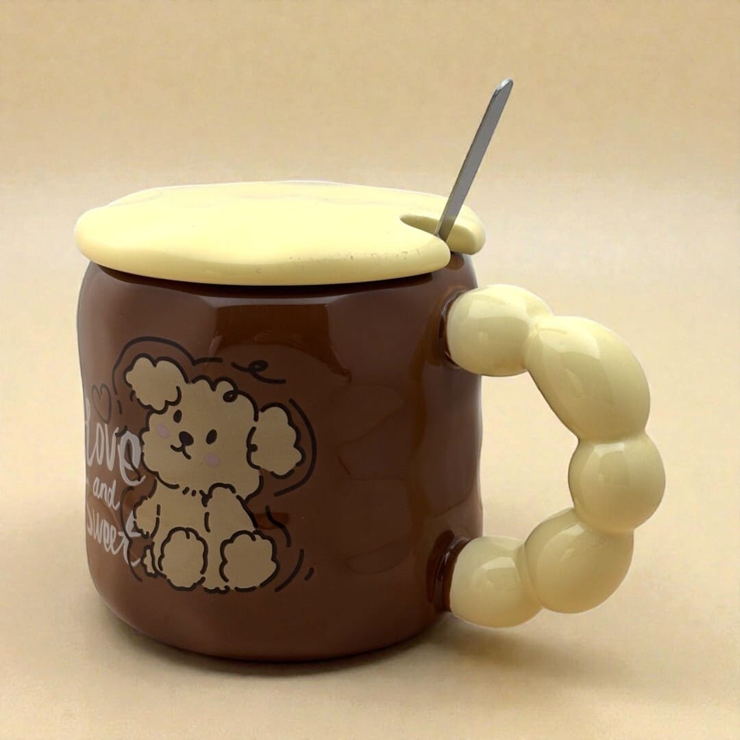 Pastel Pup Ceramic Mug (With Spoon and Lid) - Brown