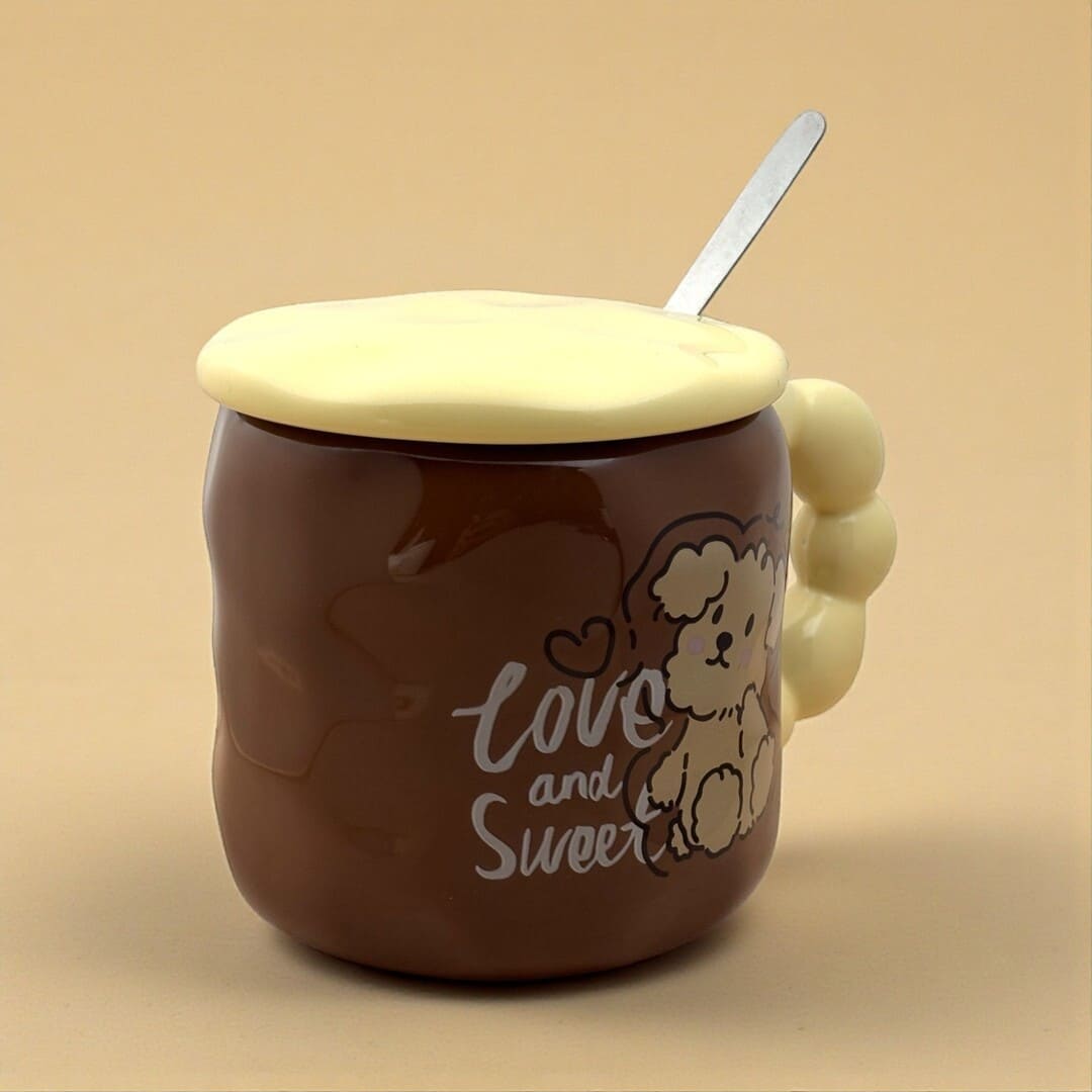 Pastel Pup Ceramic Mug (With Spoon and Lid) - Brown