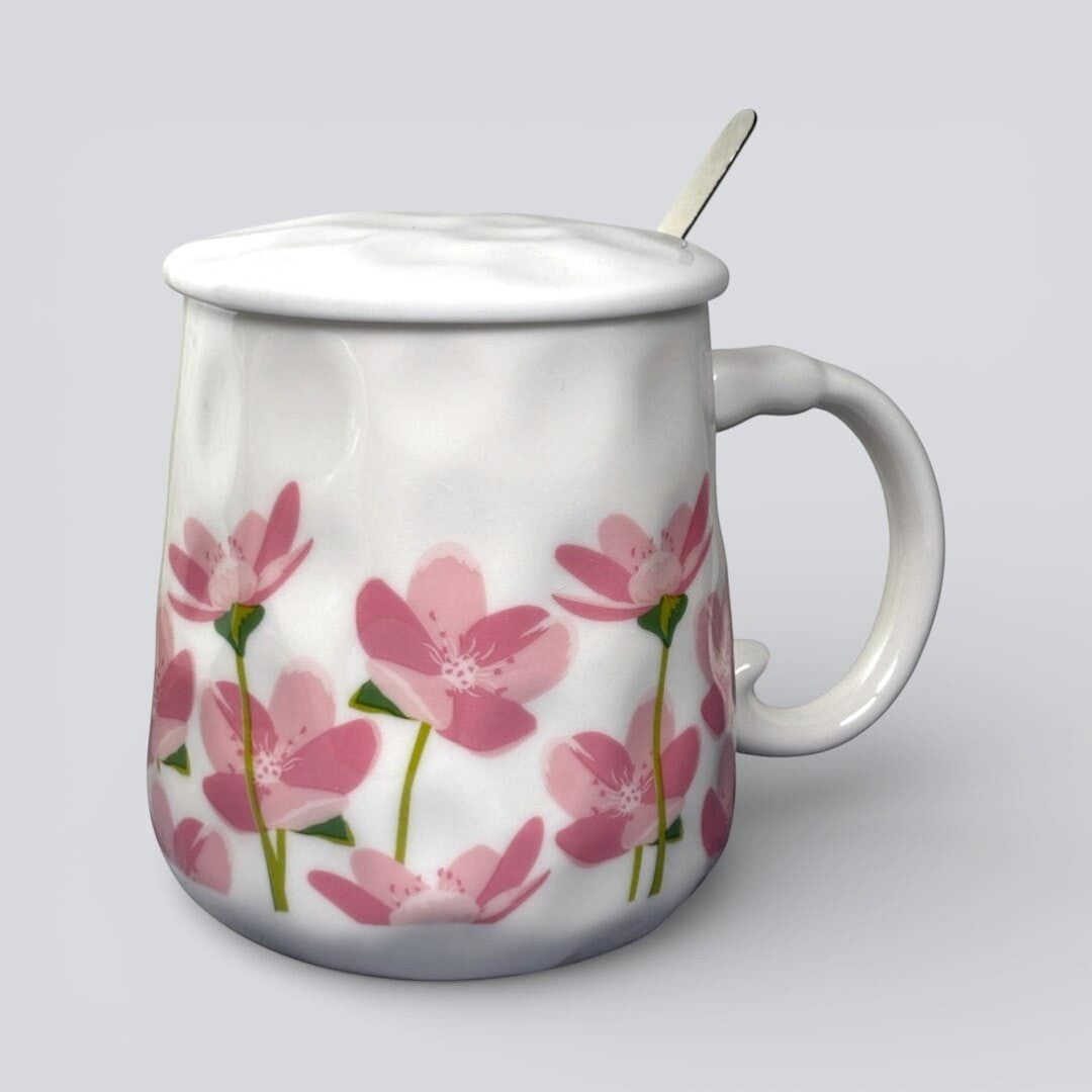 Blush Bloom Ceramic Mug (With Spoon and Lid) - Sakura Rise