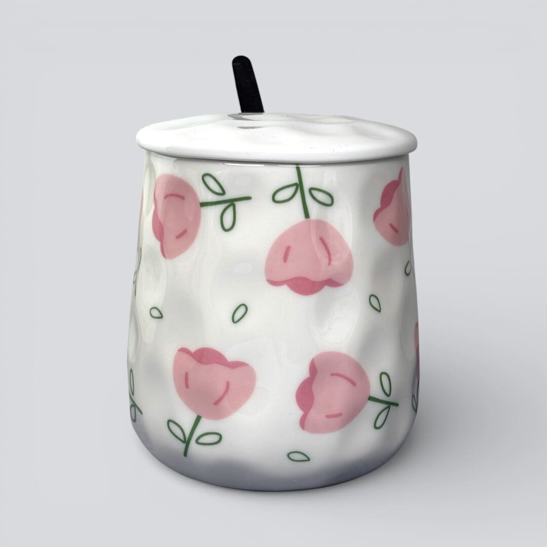 Blush Bloom Ceramic Mug (With Spoon and Lid) - Tulip