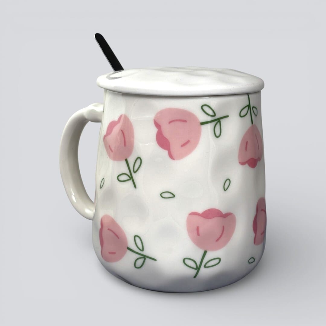 Blush Bloom Ceramic Mug (With Spoon and Lid) - Tulip