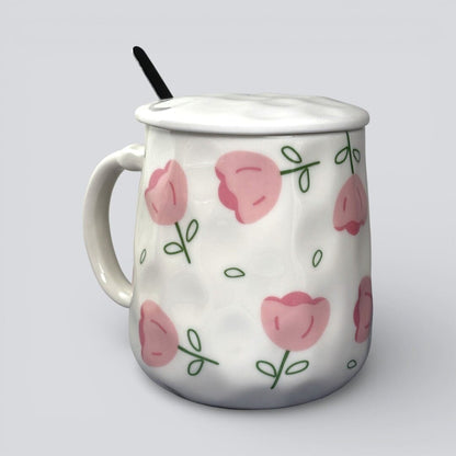 Blush Bloom Ceramic Mug (With Spoon and Lid) - Tulip