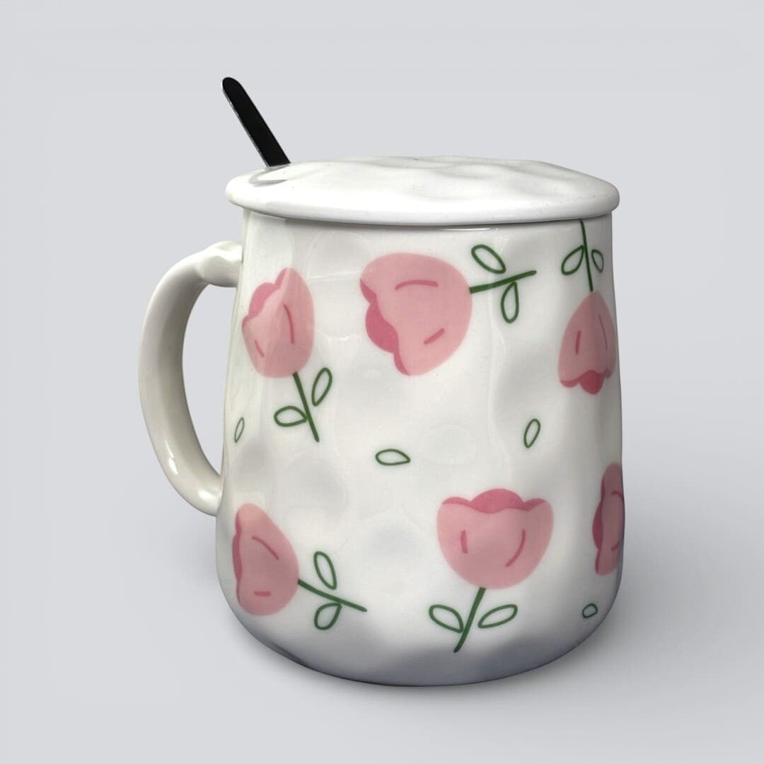 Blush Bloom Ceramic Mug (With Spoon and Lid) - Tulip