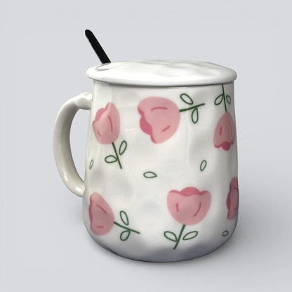Blush Bloom Ceramic Mug (With Spoon and Lid) - Tulip
