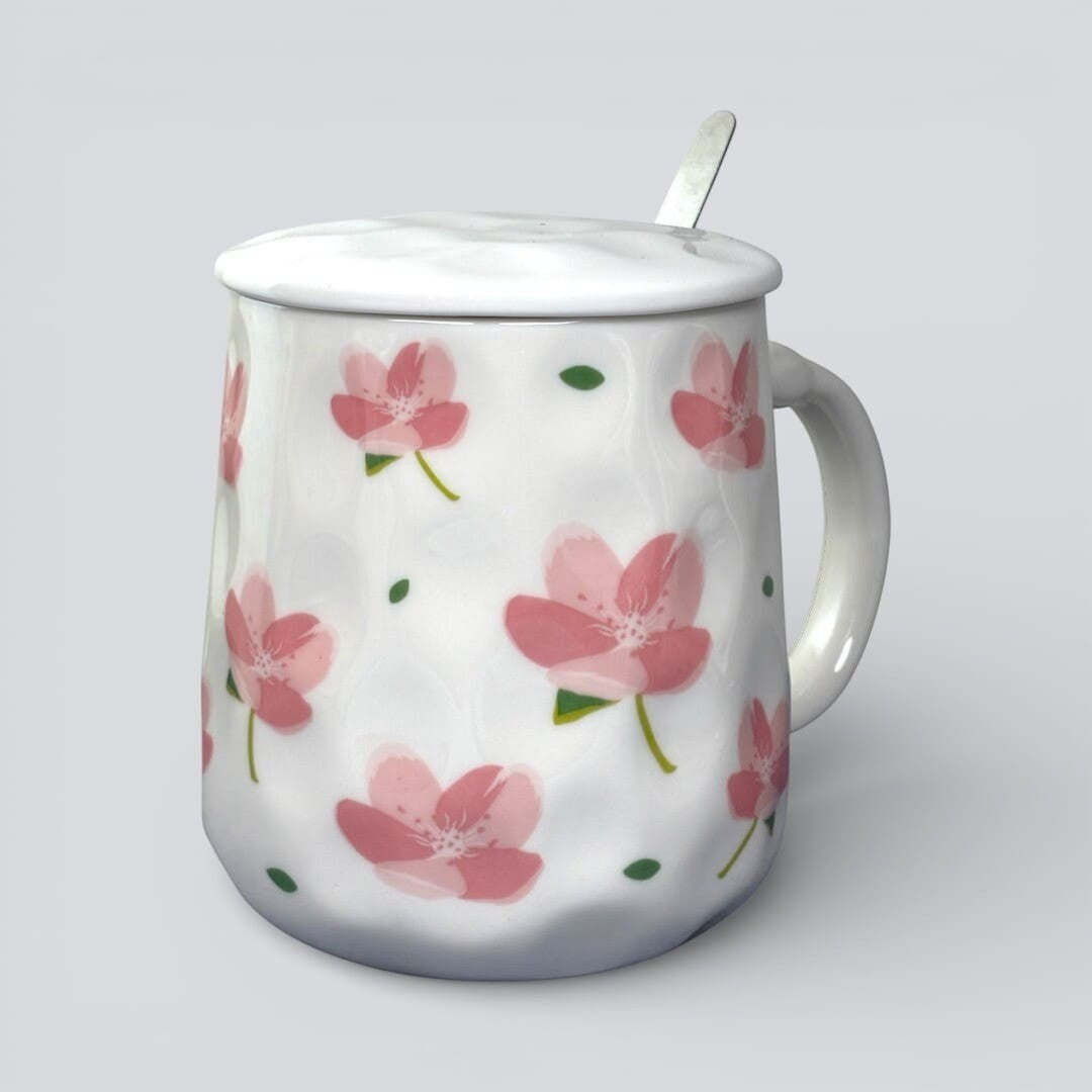 Blush Bloom Ceramic Mug (With Spoon and Lid) - Sakura