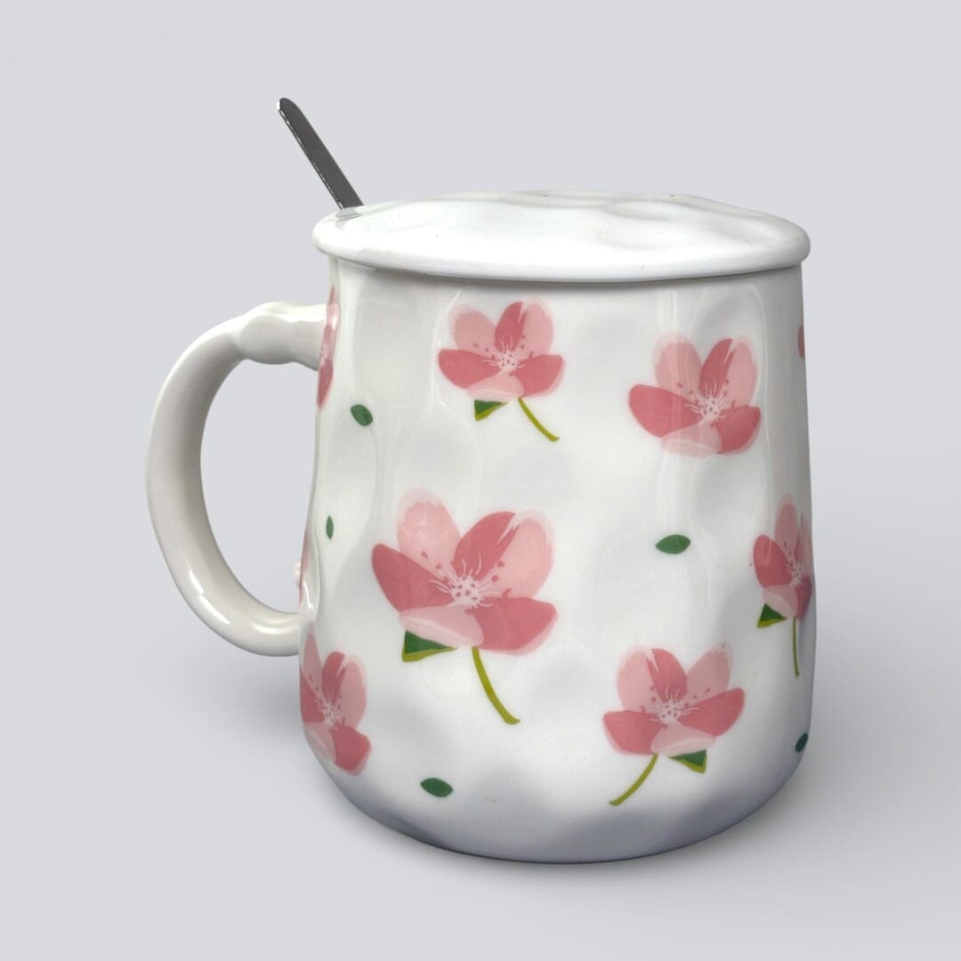 Blush Bloom Ceramic Mug (With Spoon and Lid) - Sakura