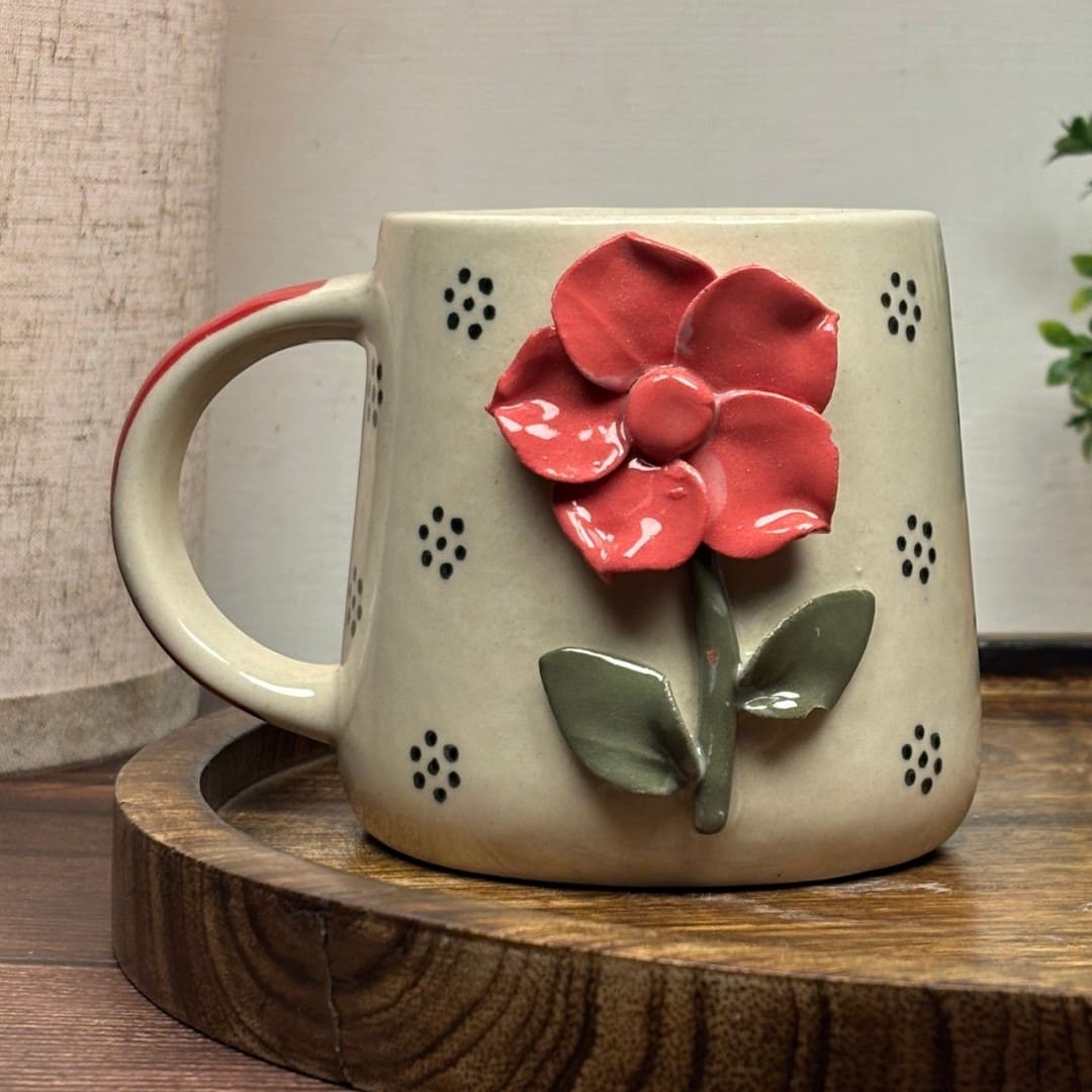 Sculpted Blossom Ceramic Mug - Red