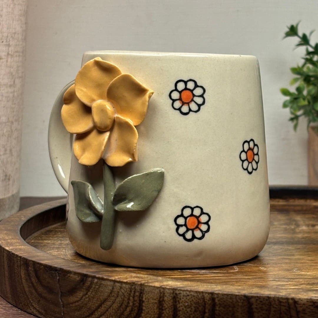 Sculpted Blossom Ceramic Mug - Yellow