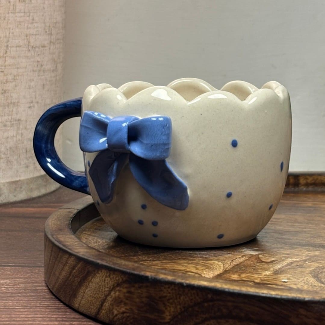 Scalloped Blue Bow Ceramic Mug