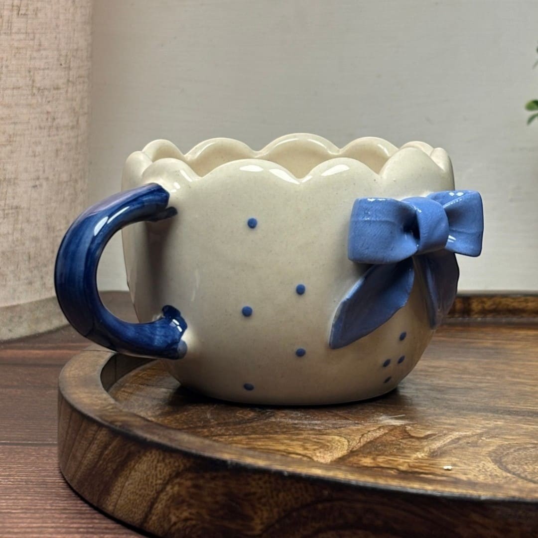 Scalloped Blue Bow Ceramic Mug