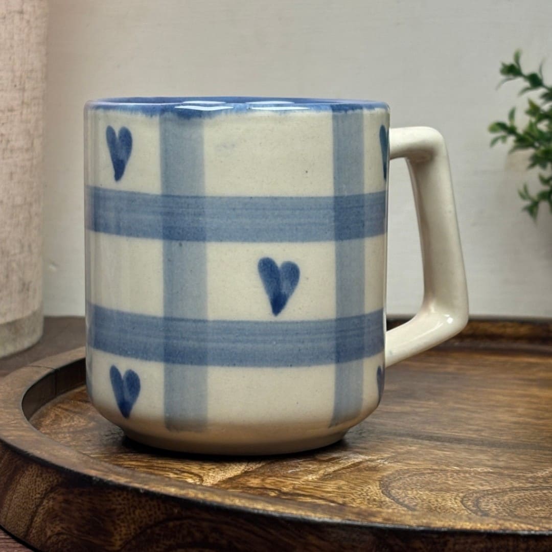 Blue Heart Grid Ceramic Mug