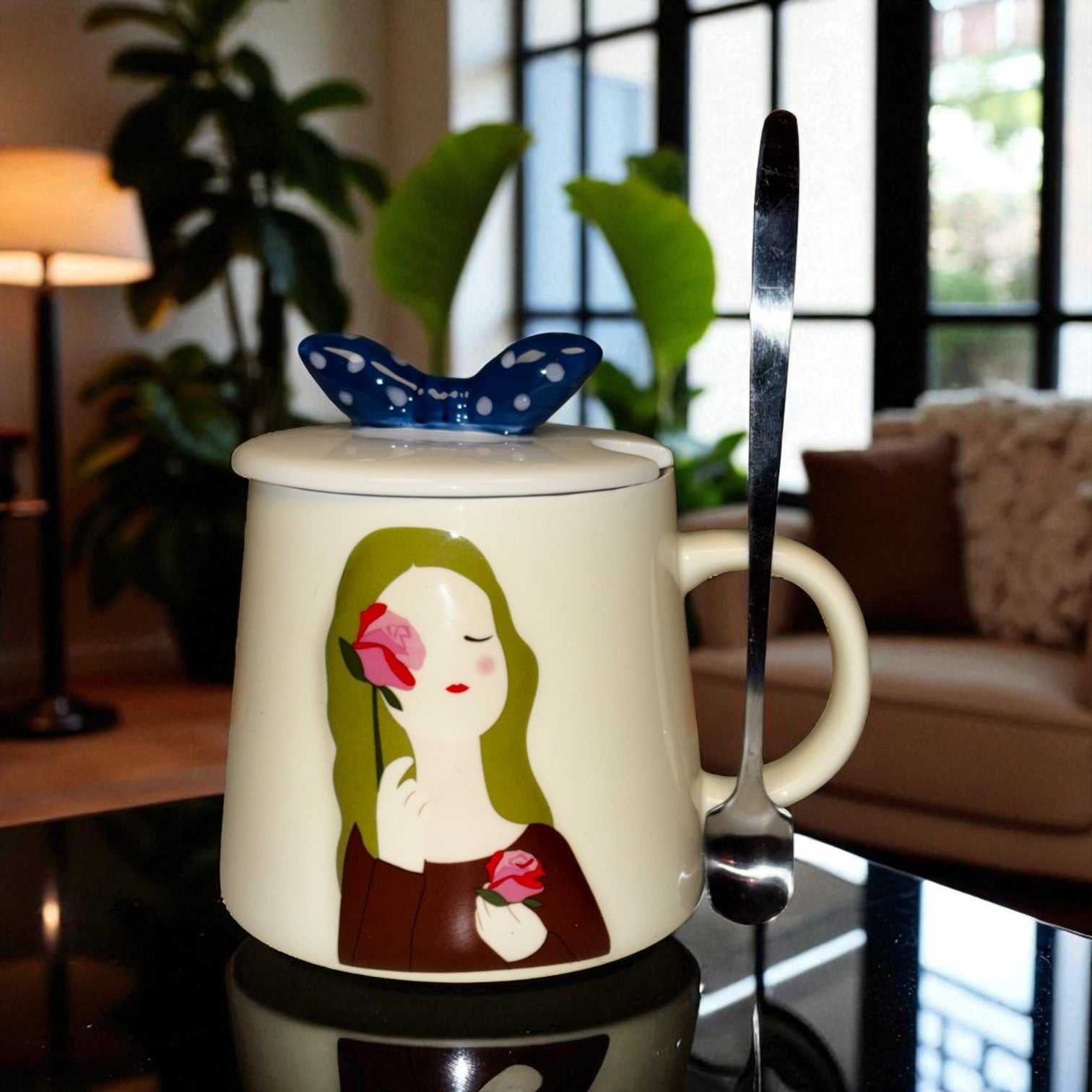 Serene Savage Ceramic Cup (With Spoon and Lid) - Rose