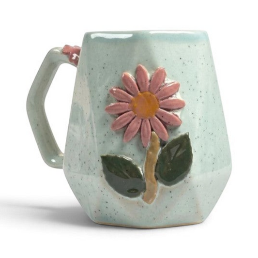 Ayethic Angular Blossom ceramic mug with a faceted light blue speckled finish and a sculpted pink flower motif.