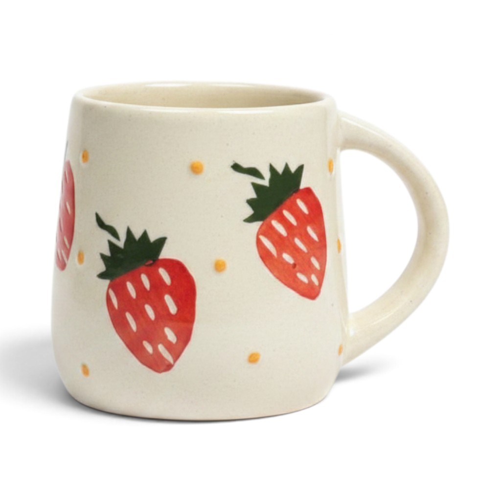 Ayethic Berry Drift ceramic mug with hand-painted red strawberry pattern and yellow dots on a cream satin glaze