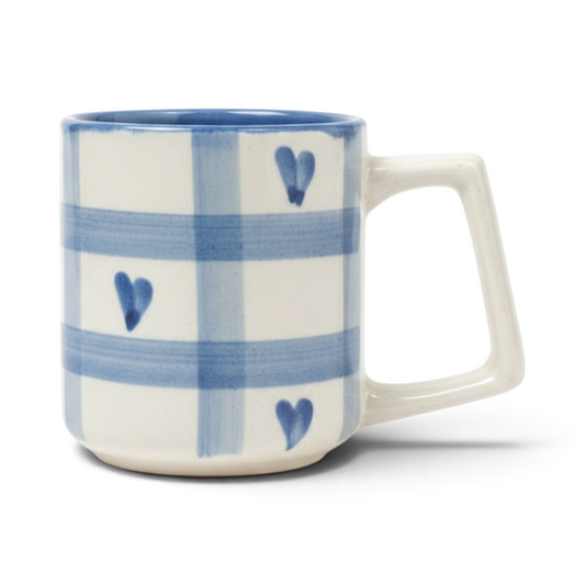 Ayethic handcrafted ceramic mug featuring a blue heart grid pattern on a cream background with a square handle.