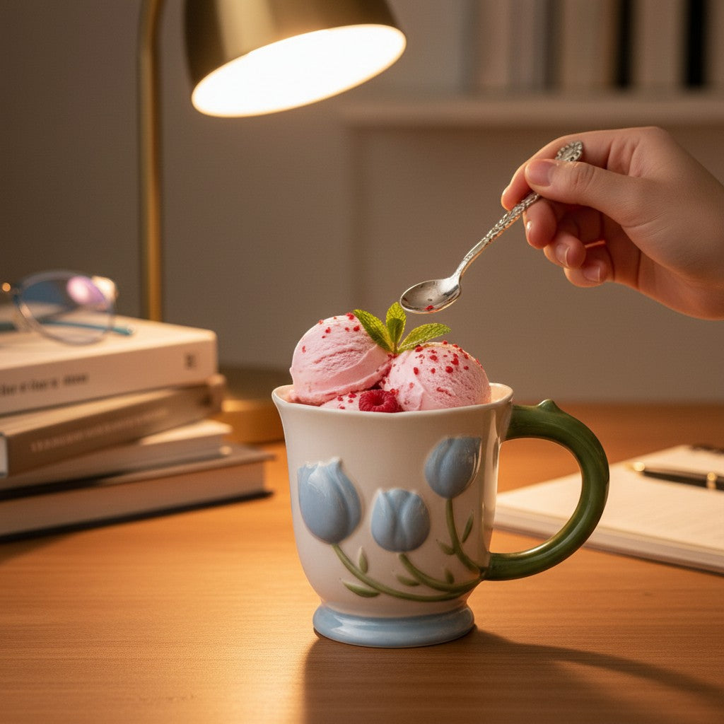 Ayethic blue tulip buds ceramic mug with a green handle and scalloped rim. Features raised floral artwork and a cream glaze.