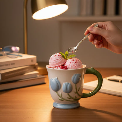 Ayethic blue tulip buds ceramic mug with a green handle and scalloped rim. Features raised floral artwork and a cream glaze.