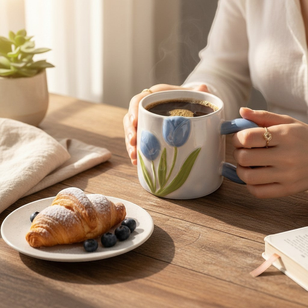 Ayethic blue ceramic mug with sculpted tulips and green leaves, featuring a comfortable, color-matched handle.