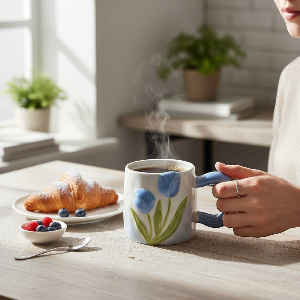 Ayethic Tulip Meadow ceramic mug in blue with sculpted tulip relief and a comfortable handle. Features a glossy glaze and wavy form.