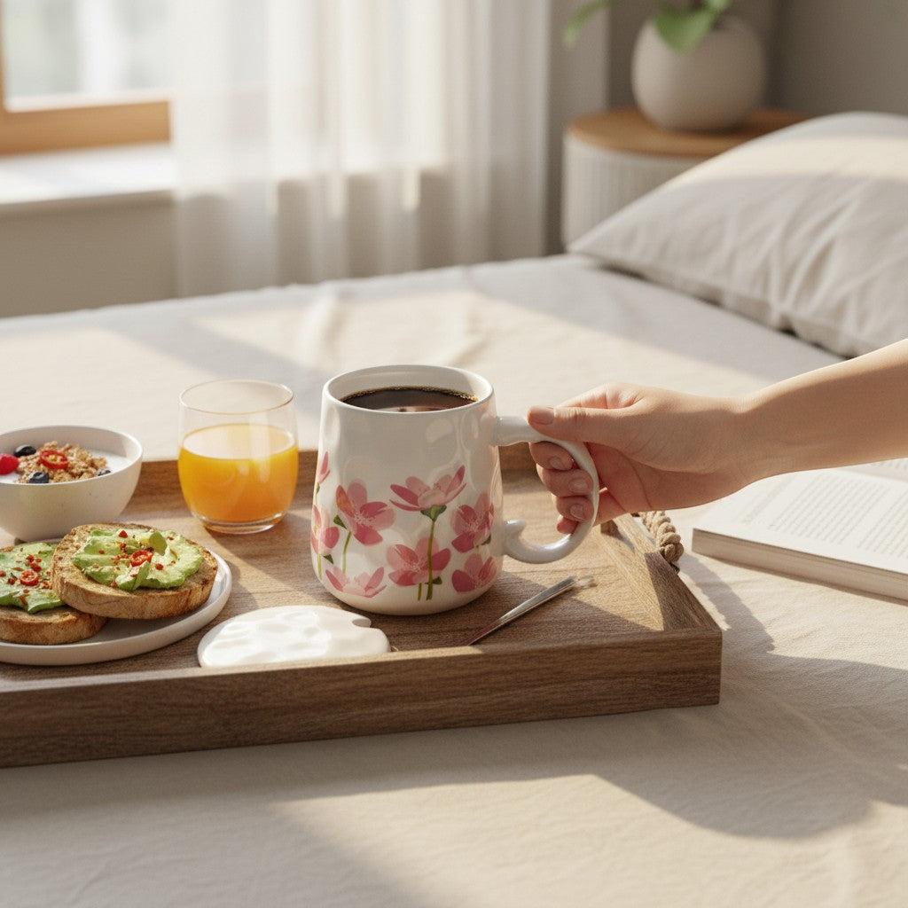 Ayethic white ceramic mug with pink floral design, lid, and spoon. Features a tapered silhouette and ergonomic handle.