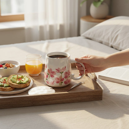 Ayethic white ceramic mug with pink floral design, lid, and spoon. Features a tapered silhouette and ergonomic handle.