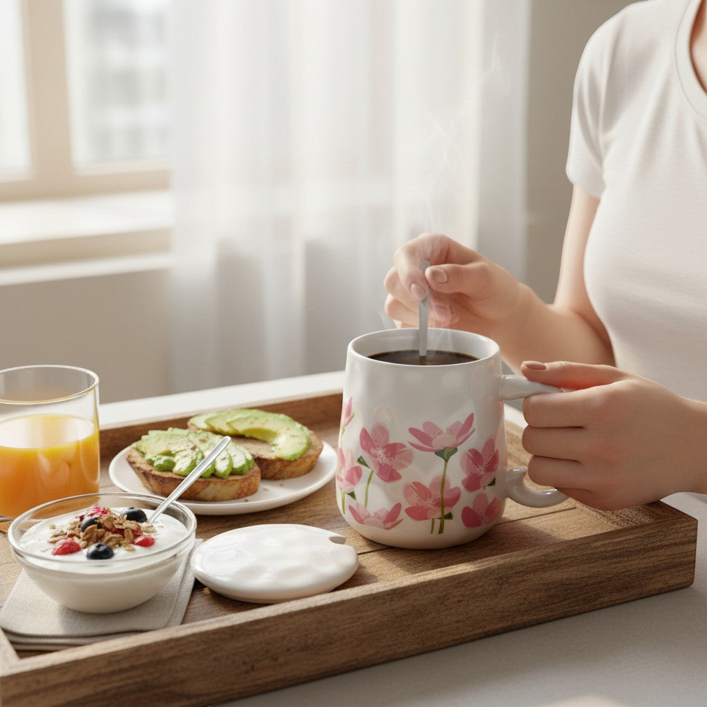 Ayethic Blush Bloom ceramic mug with pink floral design, lid, and spoon. Features a tapered silhouette and ergonomic handle.