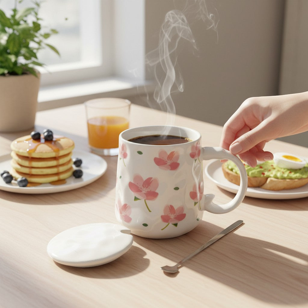 Ayethic Blush Bloom ceramic mug with pink sakura flowers, lid, and spoon. Textured white finish.