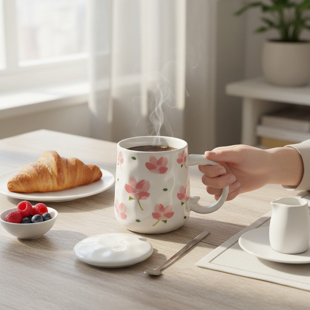 Ayethic Blush Bloom ceramic mug with pink sakura flowers, lid, and spoon. Textured white finish.