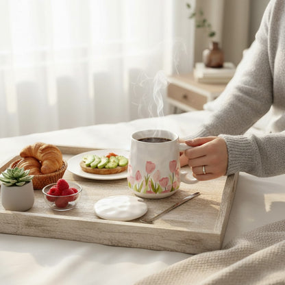 Ayethic Blush Bloom ceramic mug with pink tulips and green leaves, includes white lid and spoon.