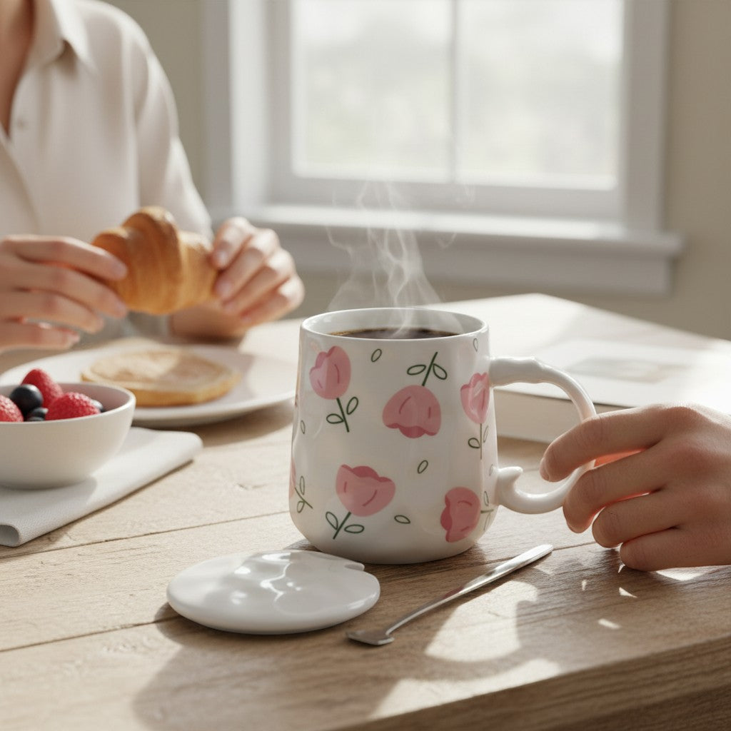 Ayethic Blush Bloom ceramic mug with pink tulip design, lid, and spoon. Features a comfortable handle and smooth glaze.