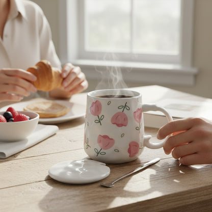Ayethic Blush Bloom ceramic mug with pink tulip design, lid, and spoon. Features a comfortable handle and smooth glaze.