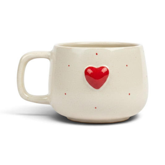Ayethic handcrafted ceramic mug in cream with a raised red heart and small red dots, microwave and dishwasher safe.
