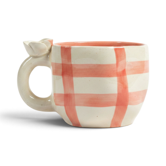 Ayethic ceramic mug with hand-painted blush gingham checks and a sculpted daisy flower on the handle.