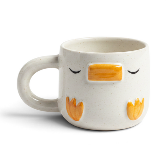 Ayethic handcrafted ceramic mug featuring a cute sleeping duck design with orange beak and feet on a speckled finish.