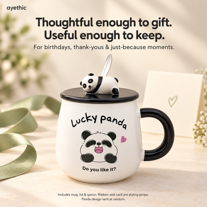 Fortune Panda mug as a thoughtful everyday gift. Includes mug, lid and spoon; ribbon and card are styling props.