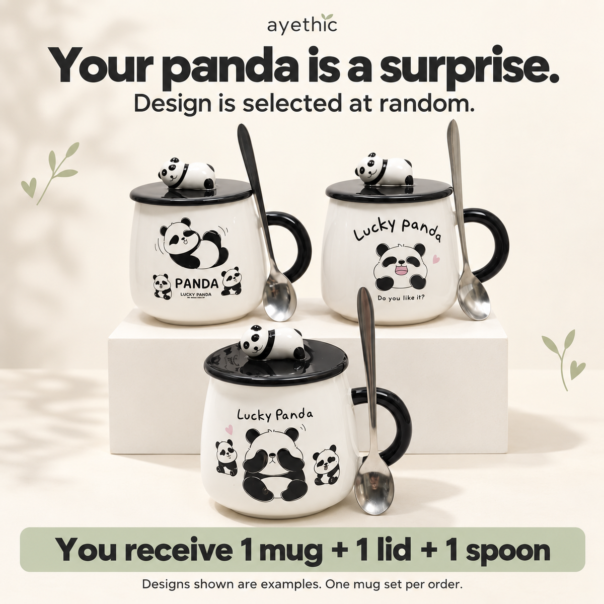 Examples of Fortune Panda mug designs. Each order includes one mug, one lid and one spoon; design is selected at random.