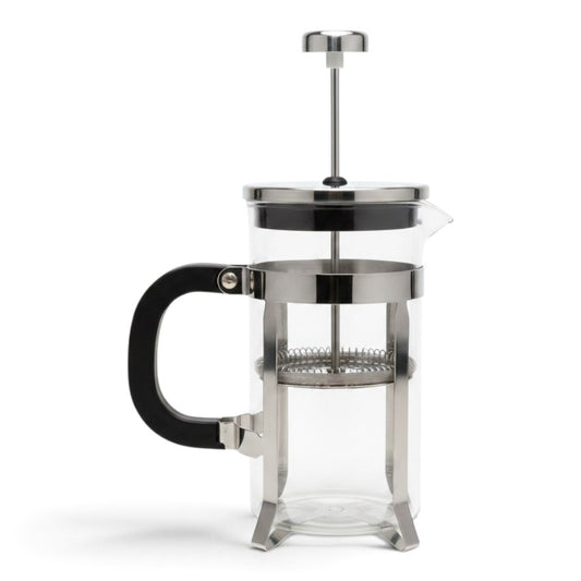 Ayethic 600ml French press made of borosilicate glass and stainless steel with an ergonomic black round grip handle.