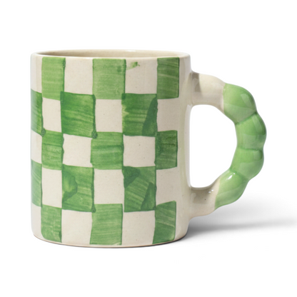 Ayethic handcrafted ceramic mug with a green and white checkered pattern and a unique textured green handle.