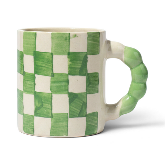 Ayethic handcrafted ceramic mug with a green and white checkered pattern and a unique textured green handle.