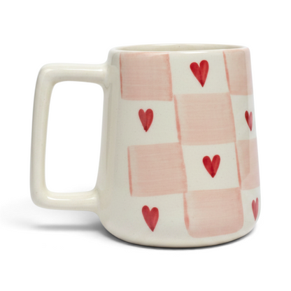 Ayethic handcrafted ceramic mug featuring a pink and white checkered grid pattern with small red hearts.