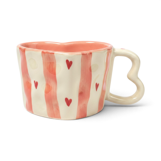 Ayethic heart-shaped ceramic mug with hand-painted red stripes and tiny hearts on a cream background