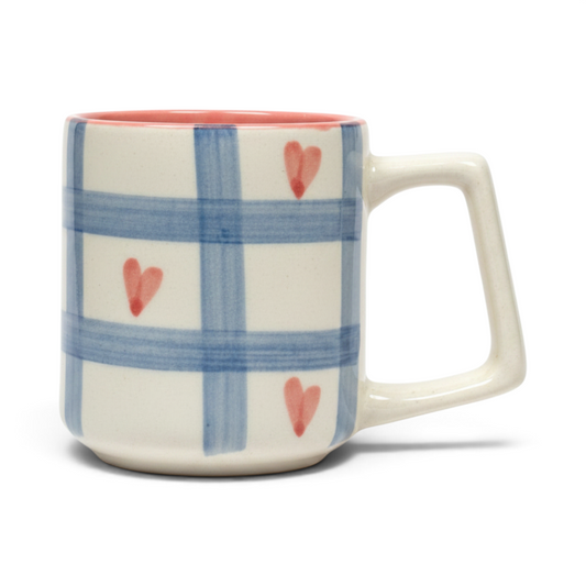 Ayethic handcrafted ceramic mug with blue plaid pattern and small pink hearts, featuring a satin glaze finish.