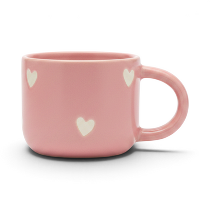 Ayethic handcrafted pink ceramic mug featuring white heart patterns, microwave and dishwasher safe.