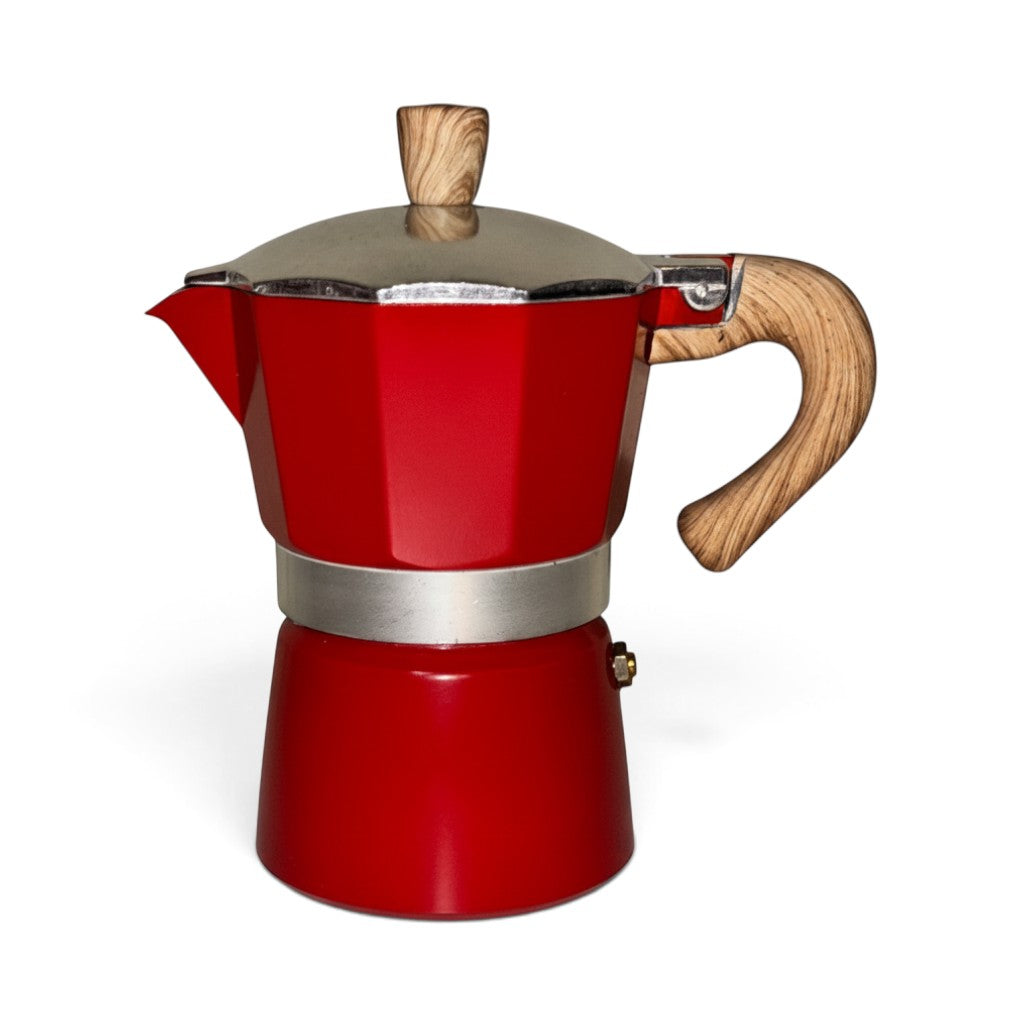 Ayethic 3-cup red aluminum moka pot with an ergonomic wooden texture handle and lid knob for stovetop espresso brewing