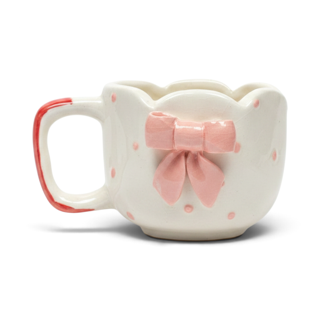 Ayethic handcrafted ceramic mug in cream with pink polka dots, a scalloped rim, and a 3D pink bow detail.