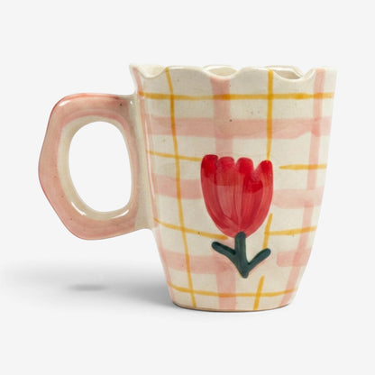 Ayethic handcrafted ceramic mug with a scalloped rim, pink plaid pattern, and a hand-painted red rose motif.