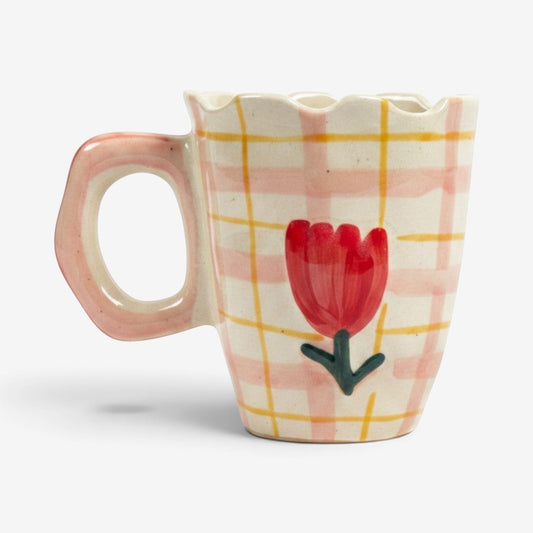 Ayethic handcrafted ceramic mug with a scalloped rim, pink plaid pattern, and a hand-painted red rose motif.
