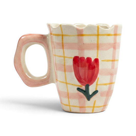 Ayethic handcrafted ceramic mug with a scalloped rim, pink plaid pattern, and a hand-painted red rose motif.